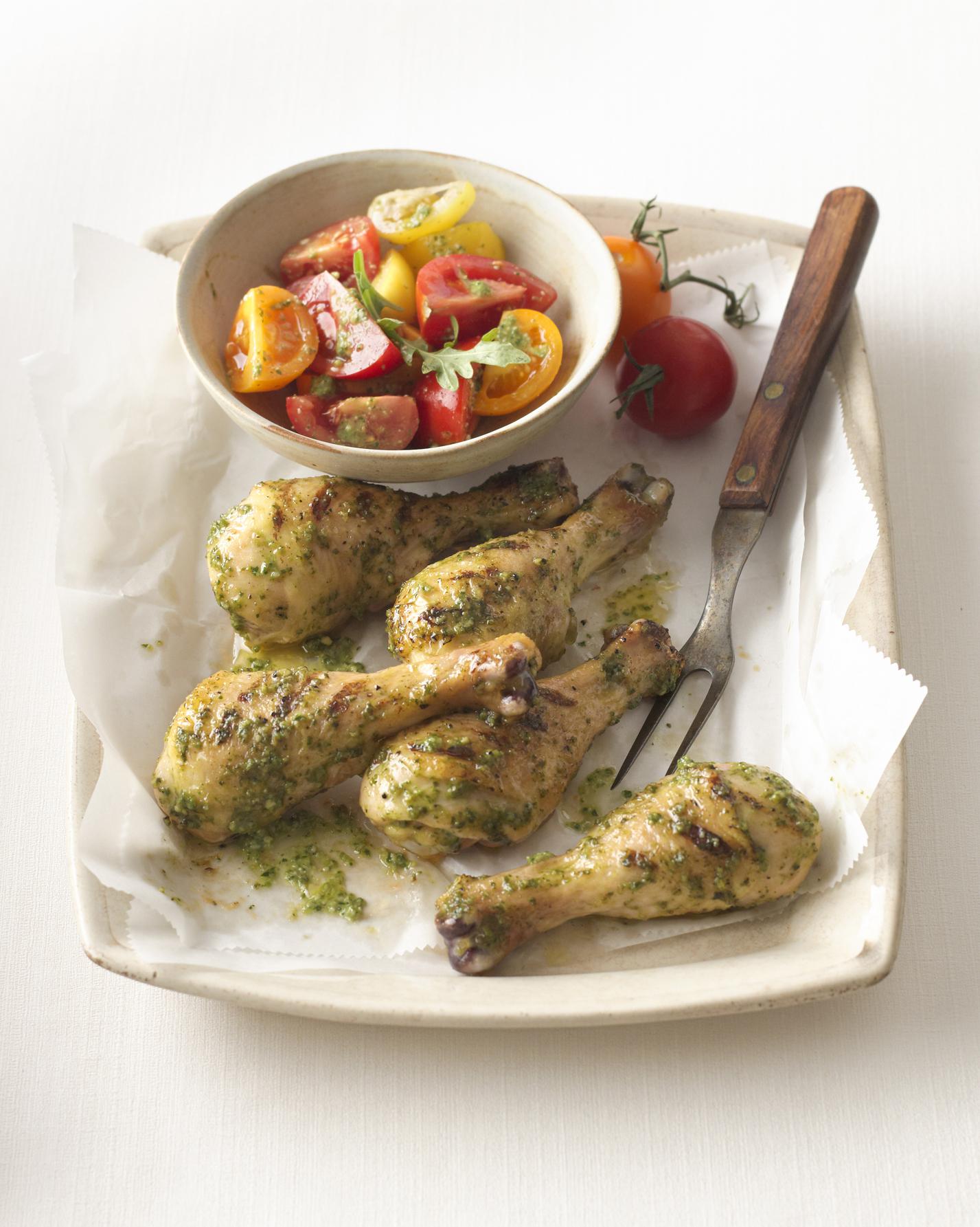 Image for Arugula & Walnut Pesto Grilled Drumsticks with Tomato Salad